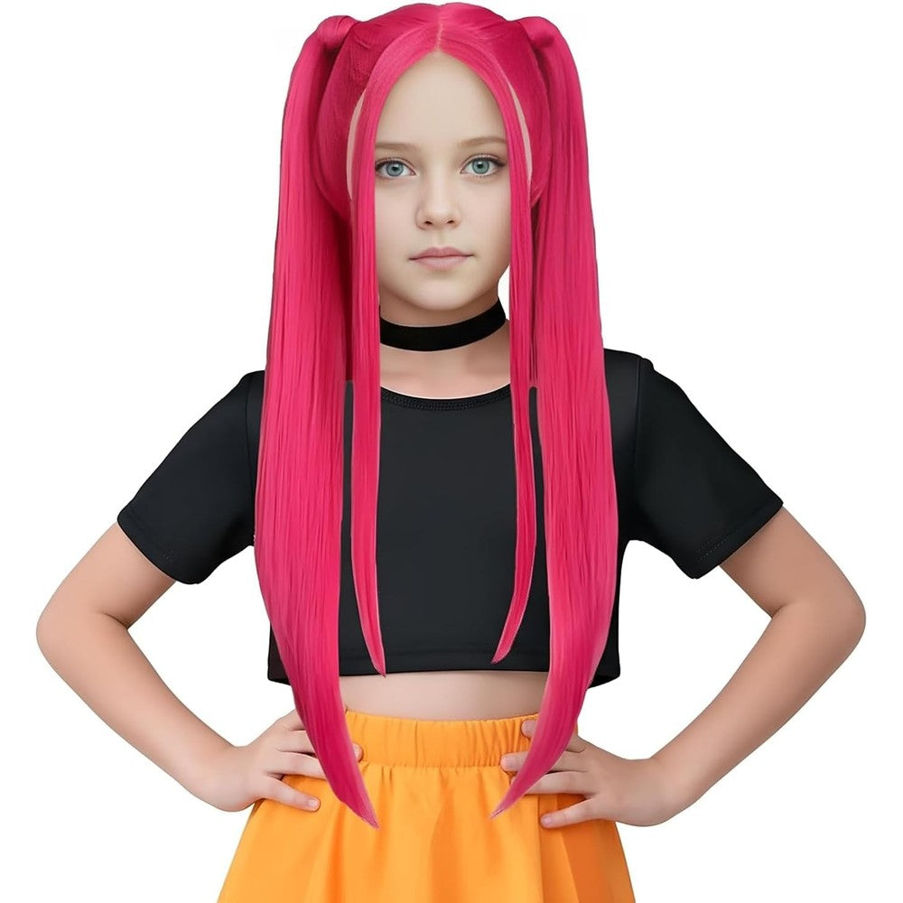 MAGQOO hot pink cosplay wig front view showcasing long straight synthetic hair with bangs.