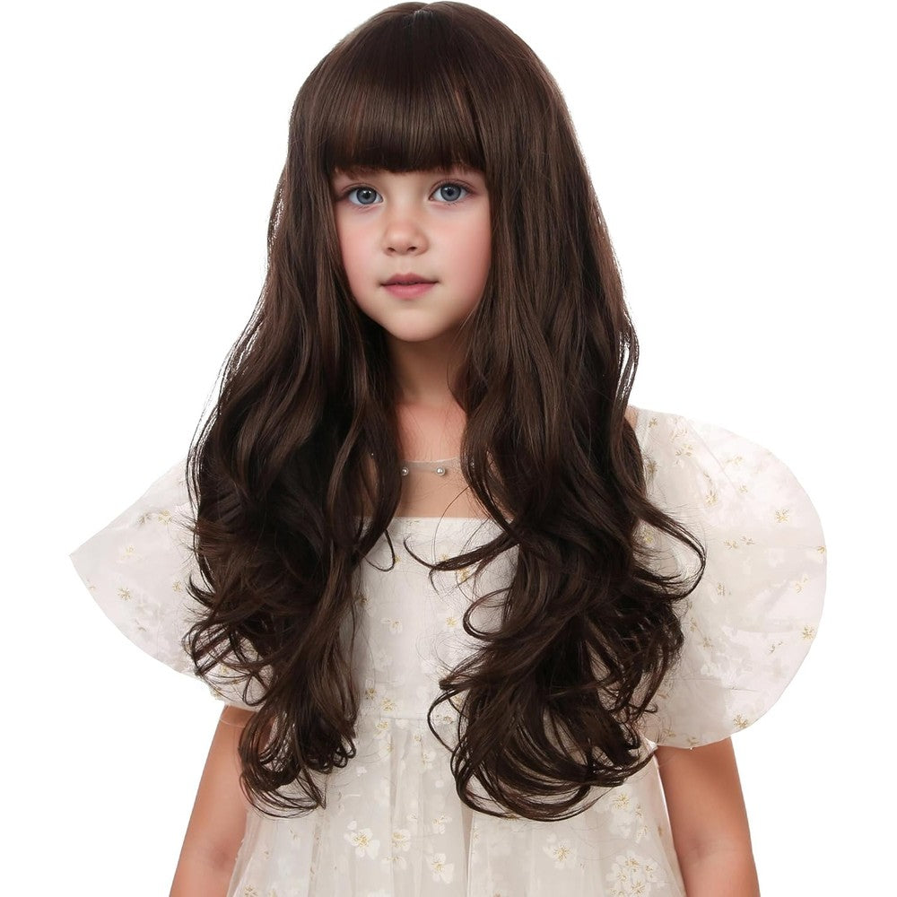 Edivd Kids Mixed Brown Wig front view showing long dark brown wavy hair with flat bangs on a child mannequin.
