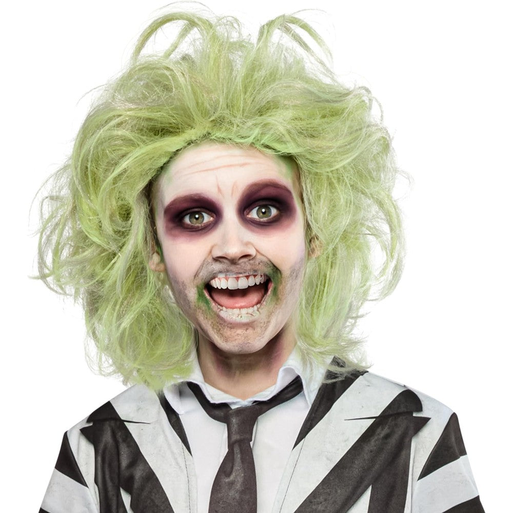 Rubies Beetlejuice 2 kids costume wig front view showcasing the wild spiky green synthetic hair for Halloween.