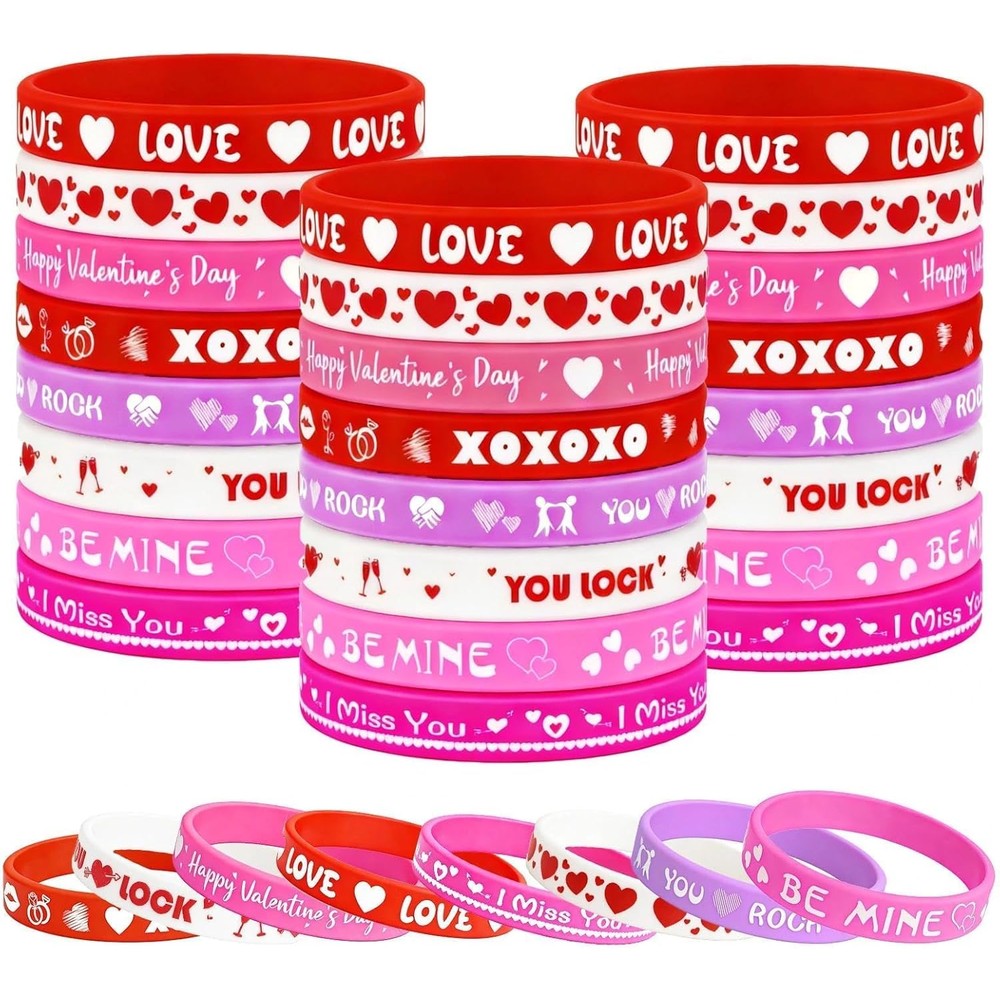 Zonlianxin Valentine's Day rubber bracelets bulk thirty-two piece front view showing red pink and purple colors