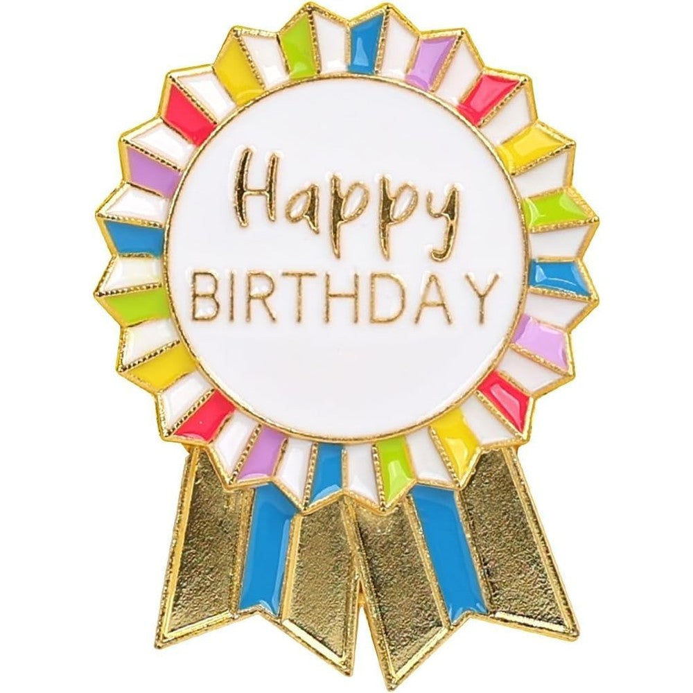 Talking Tables Happy Birthday Badge front view showing rainbow gold enamel metal rosette design.