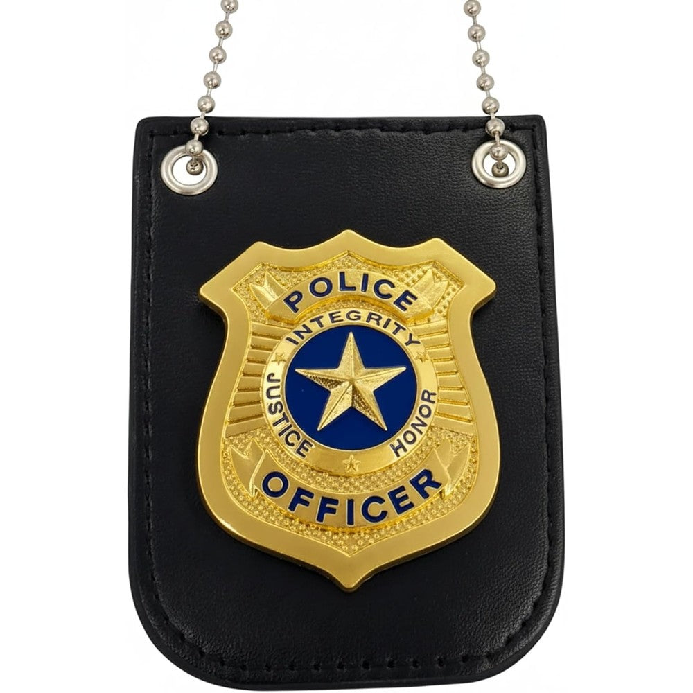 Finduat police badge costume accessory front view showing gold metal star on black holder