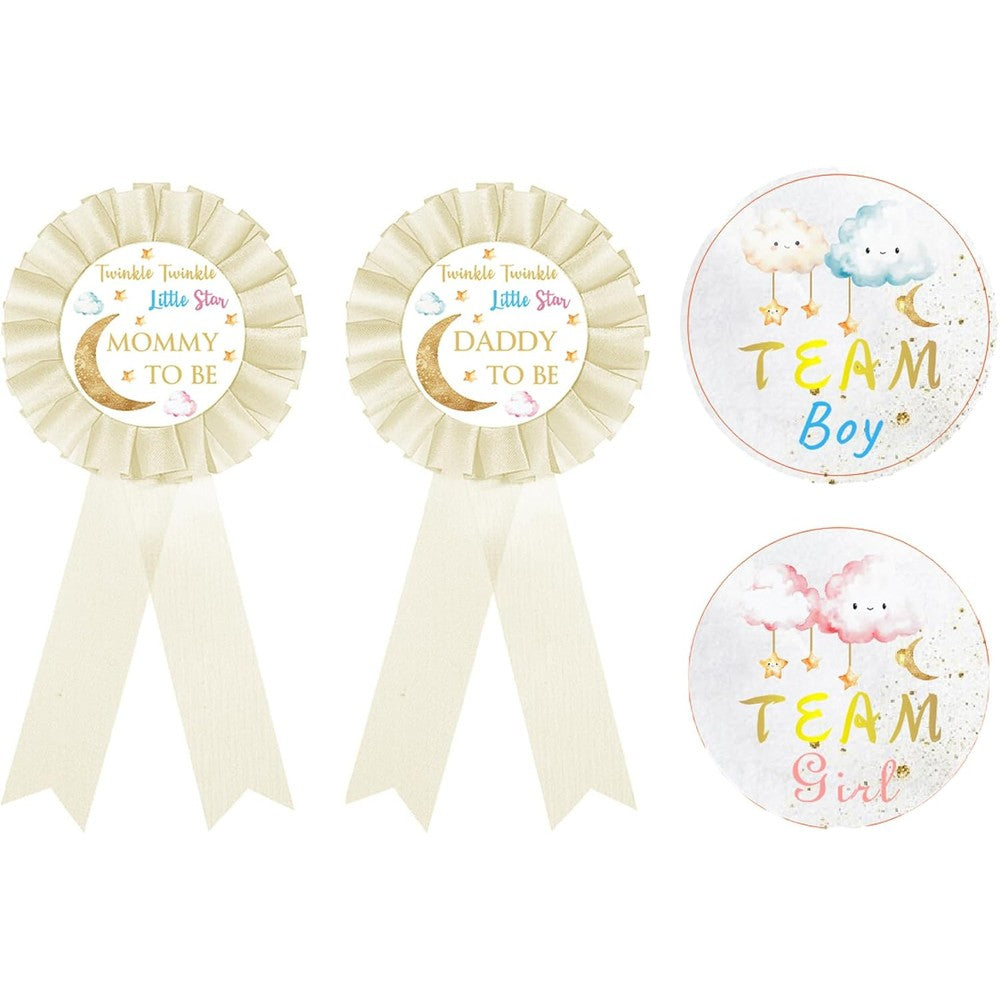 TrinhGuo Twinkle Twinkle Little Star Gender Reveal Decorations front view showing parent pins and voting stickers.