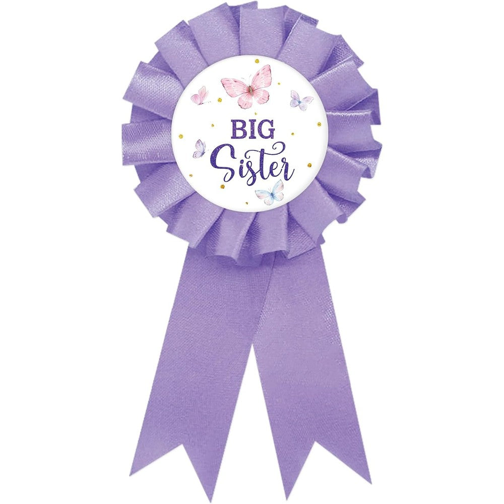 SUPERLUBY Butterfly Big Sister Tinplate Badge Pin front view showing purple satin rosette ribbon.