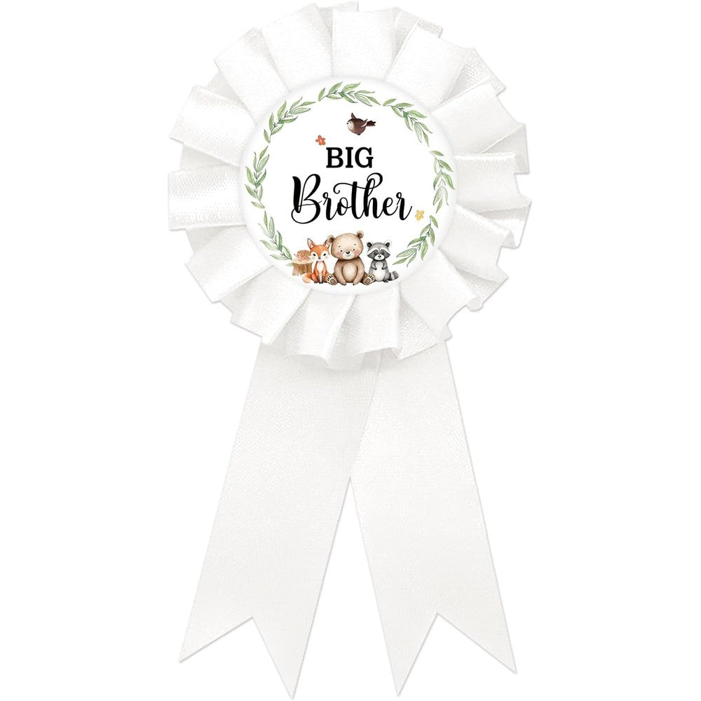 Superluby Woodland Animal Big Brother Tinplate Badge Pin front view showing white rosette ribbon