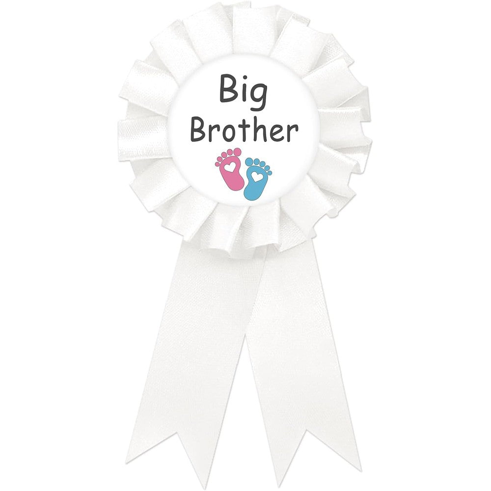 SUPERLUBY Footprint Big Brother Tinplate Badge Pin front view showing white satin rosette detailing.