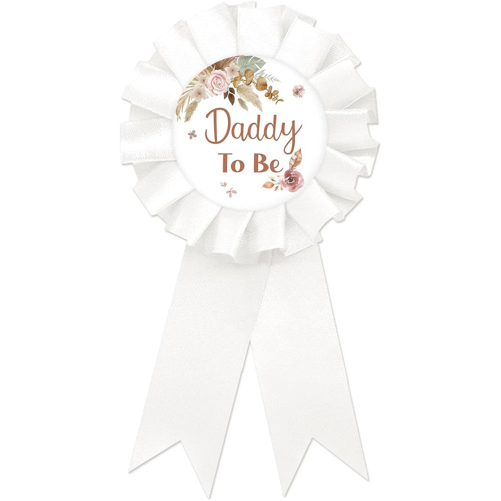 SUPERLUBY Pampas Grass Daddy To Be badge pin front view showcasing white satin rosette and floral art text.