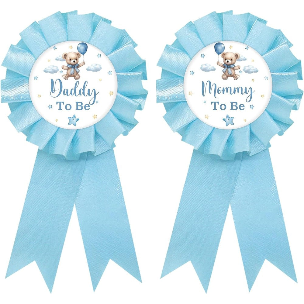 SUPERLUBY baby bear mom to be badge pin front view showcasing the blue satin rosette design.