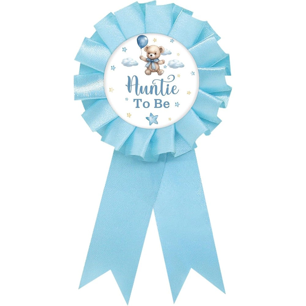 SUPERLUBY Baby Bear Auntie to Be Tinplate Badge Pin front view showing light blue rosette ribbon and teddy bear design.