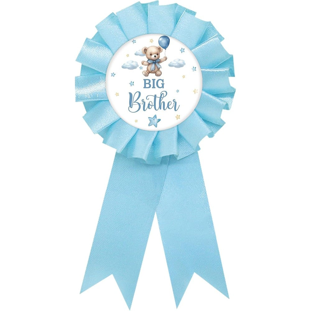 SUPERLUBY Baby Bear Big Brother Tinplate Badge Pin front view showcasing the blue rosette ribbon.