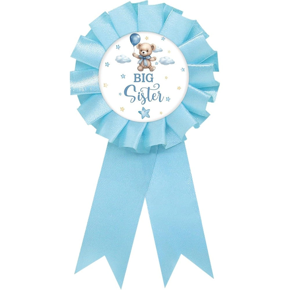 SUPERLUBY Baby Bear Big Sister Badge Pin front view showing light blue rosette ribbon and teddy bear illustration for party favors.