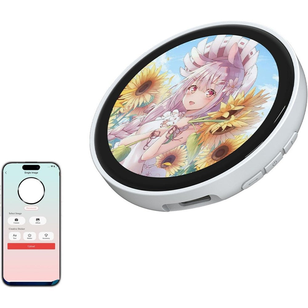 MIQUEES electronic anime pin front view showing bright custom digital touchscreen display screen.