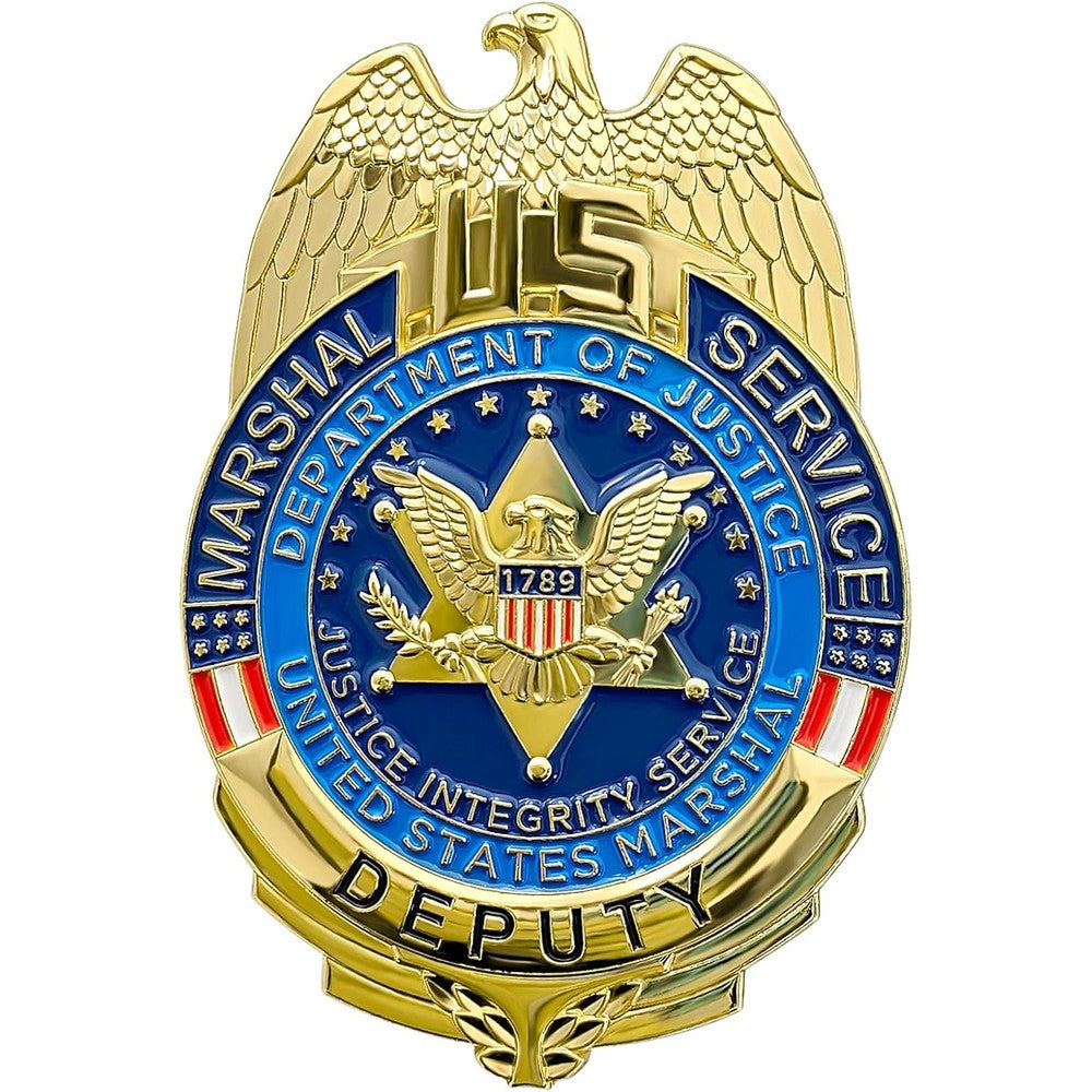 EMORBALS Fake Badge Pin front view showing detailed gold-plated brass deputy marshal design