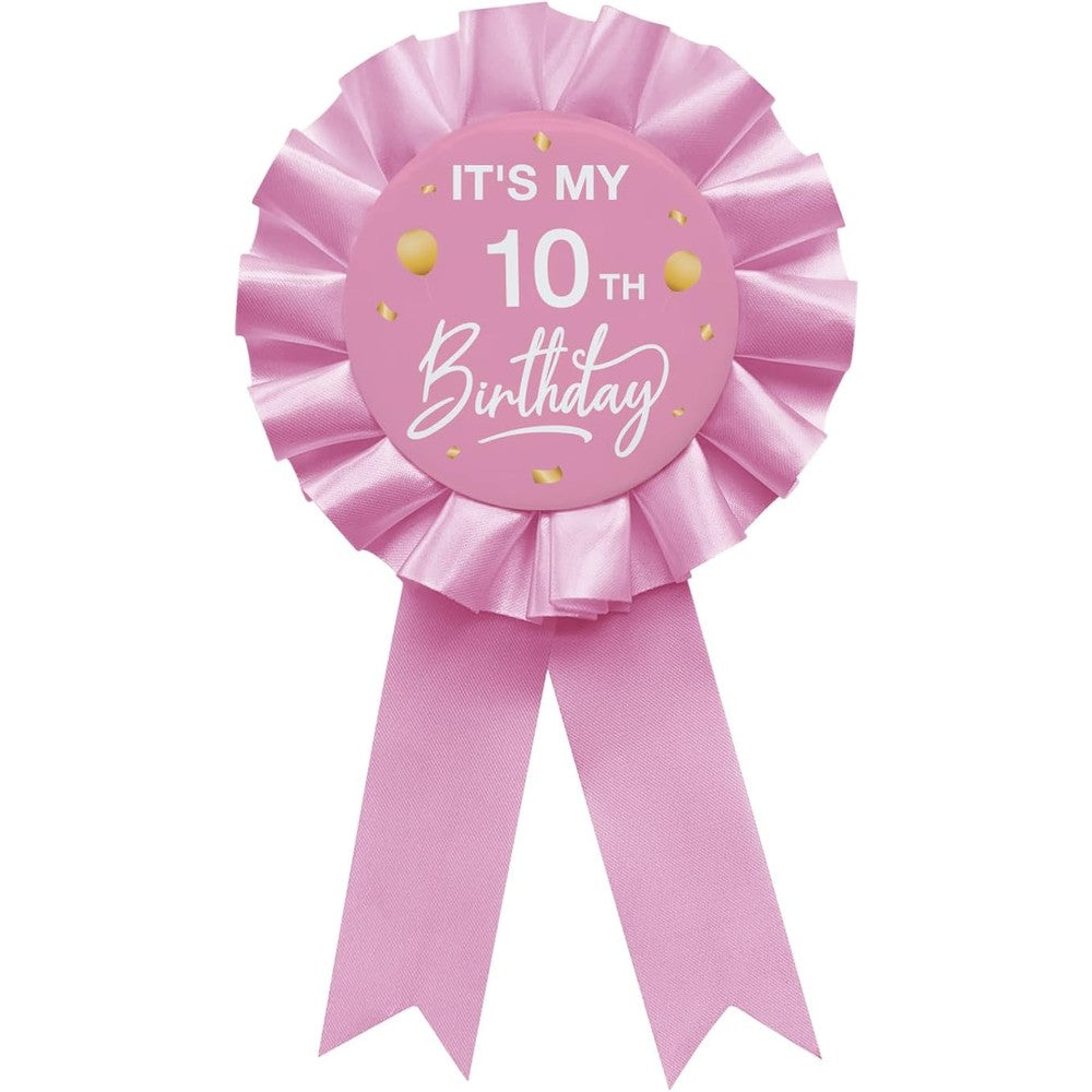 YHEZXUN It's My 10th Birthday Tinplate Badge Pin front view showing pink satin rosette and gold text.
