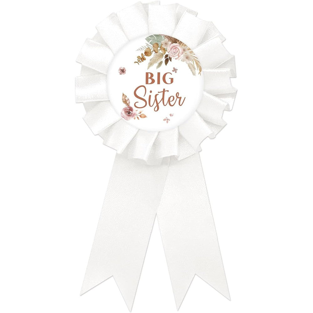 SUPERLUBY Pampas Grass Big Sister Tinplate Badge Pin front view showing white satin rosette and boho floral button design.