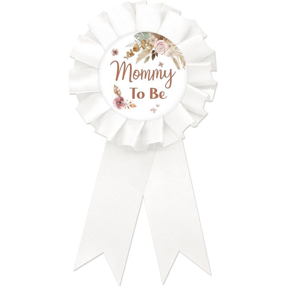 SUPERLUBY Pampas Grass Mom to Be Tinplate Badge Pin front view showcasing the boho floral design and white rosette ribbon.