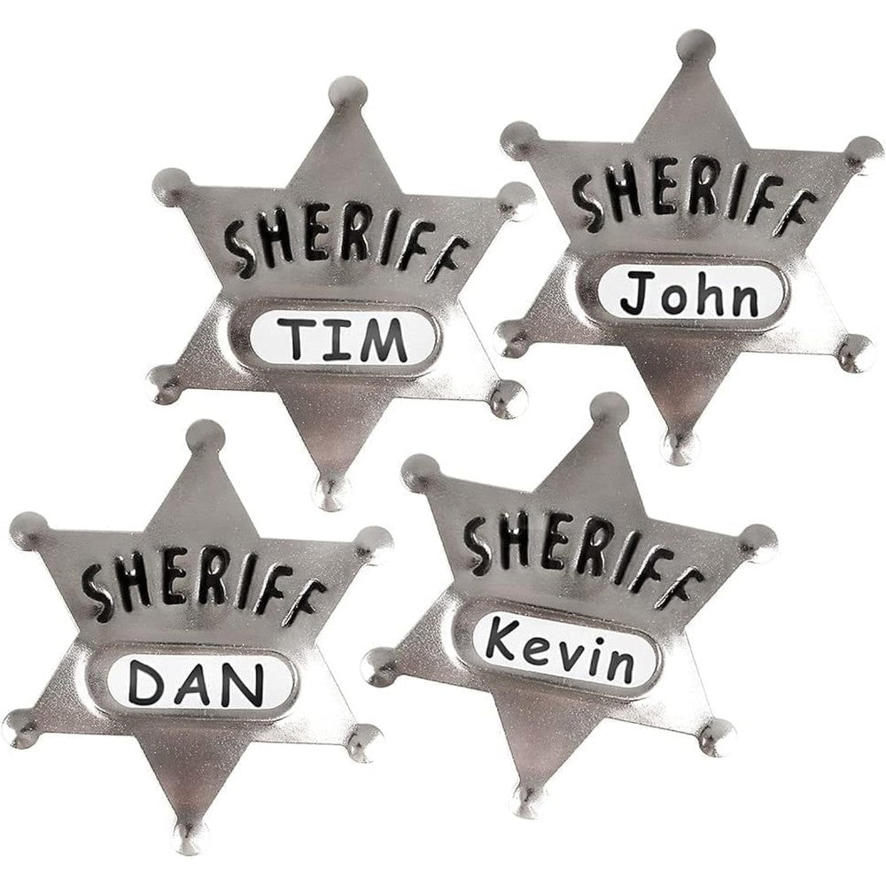 HAPPY DEALS Sheriff Badges for Kids front view showing silver six-point metal star design