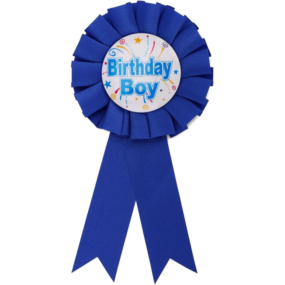 Mikovivi Birthday Boy Brooch Pin front view showcasing the blue satin award ribbon design