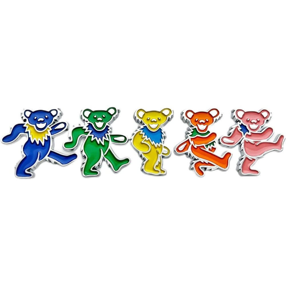 Grateful Fred the bear car badge emblem 5 pack front view showcasing multicolor chrome 3D vehicle decals.