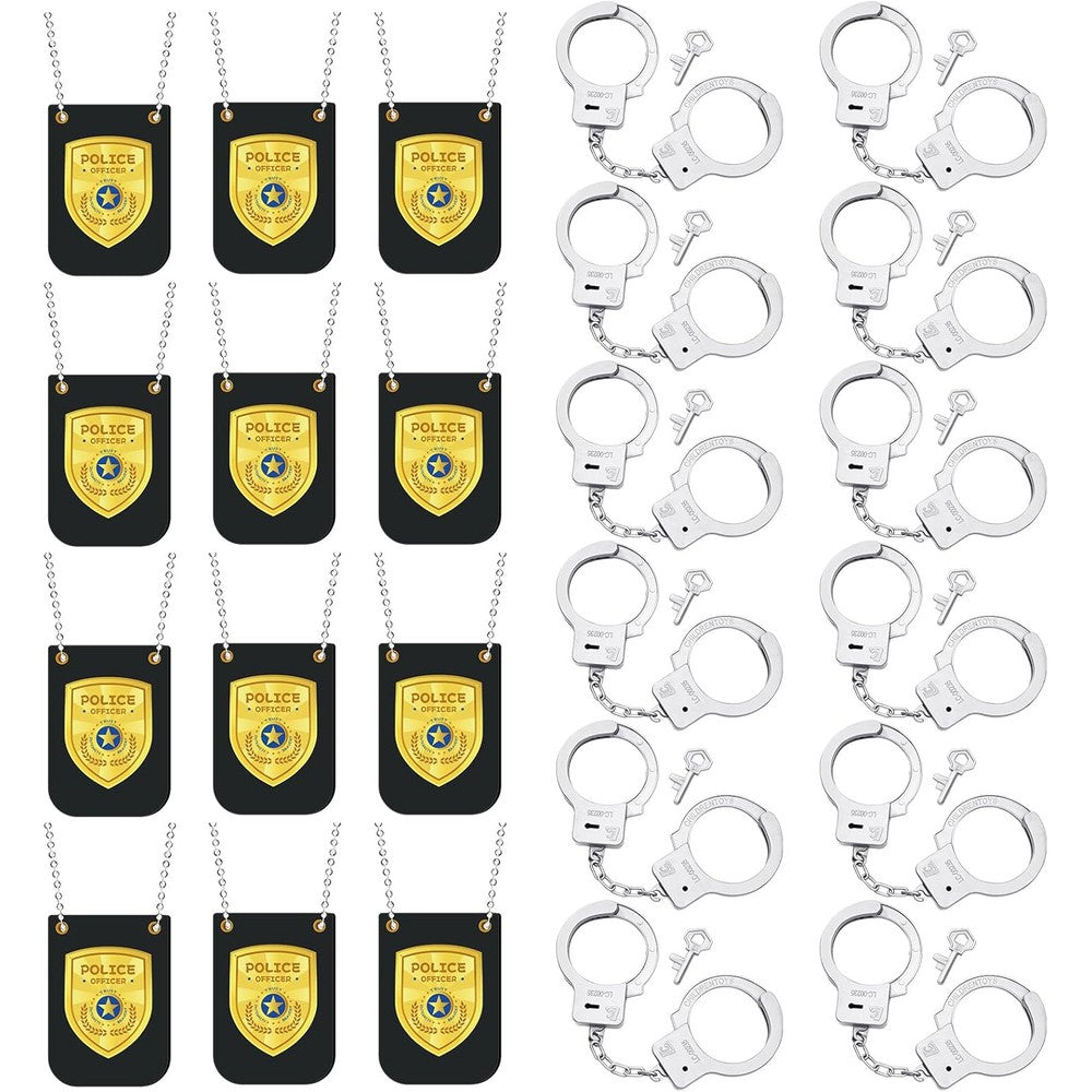 Vertintong police pretend play mini set front view featuring twelve gold officer badges and twelve silver toy handcuffs