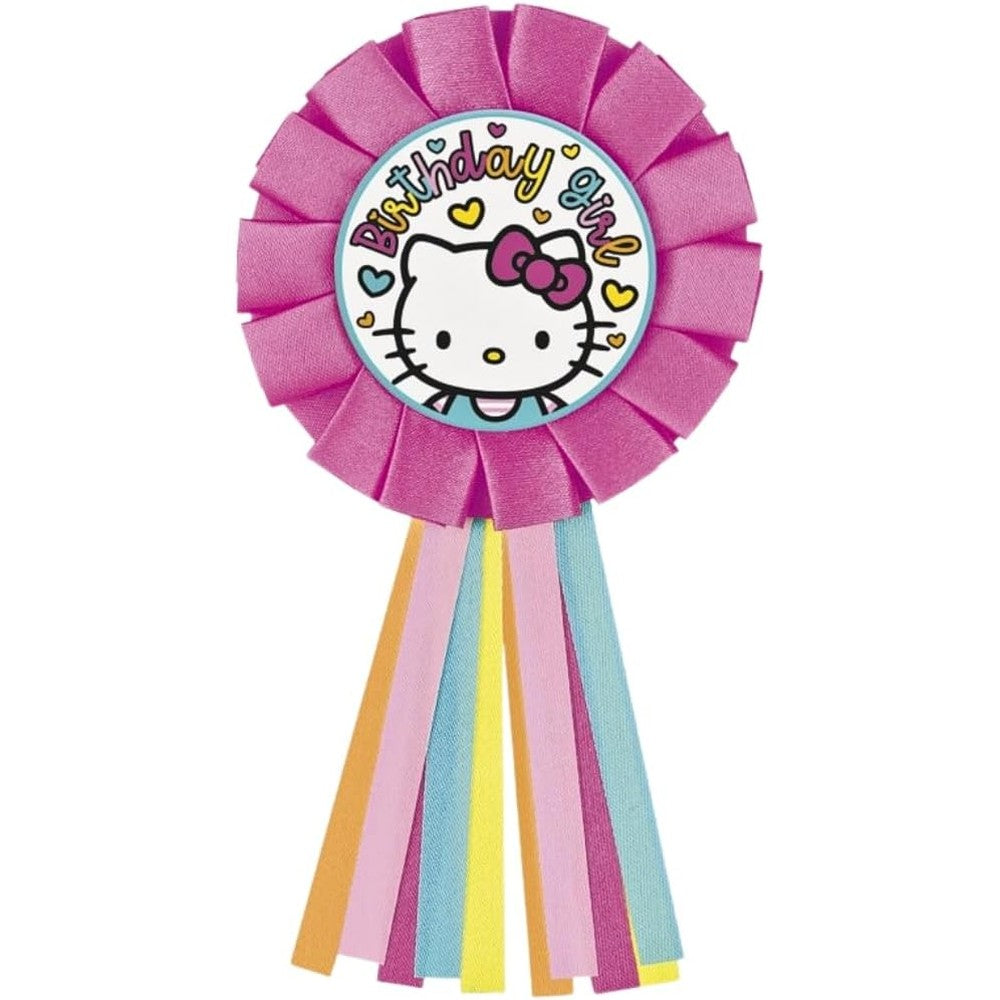 Unique Hello Kitty and Friends Birthday Girl Badge front view pink rosette party accessory