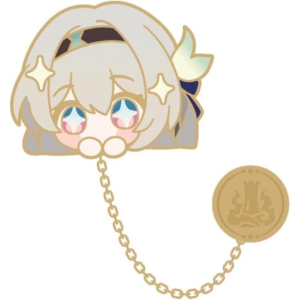 HOYOVERSE Honkai Star Rail Pom Pom Gallery Series Firefly metal badge front view showcasing chibi character artwork and dangling chain charm