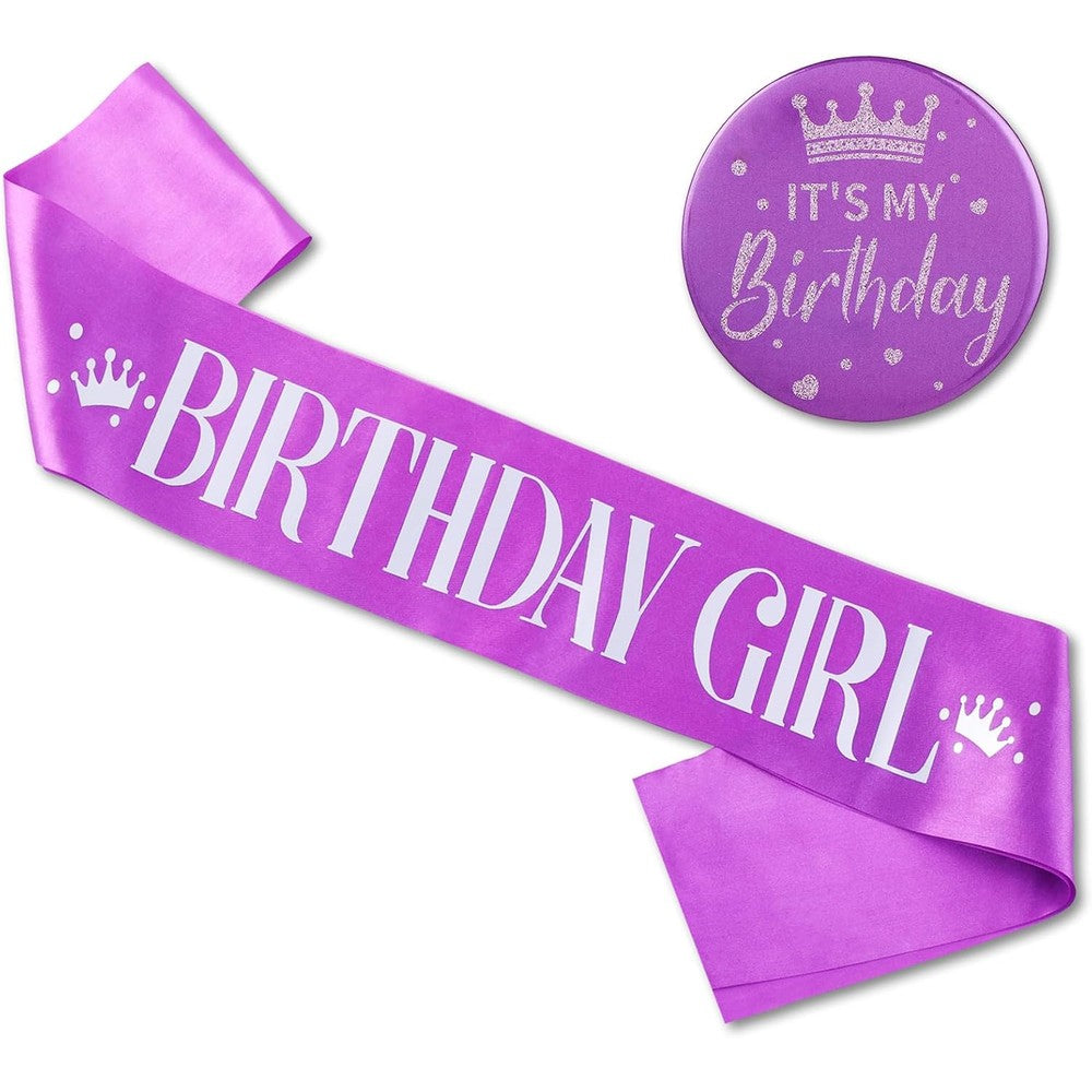 Grevosea purple birthday girl sash and matching badge set front view celebration supplies