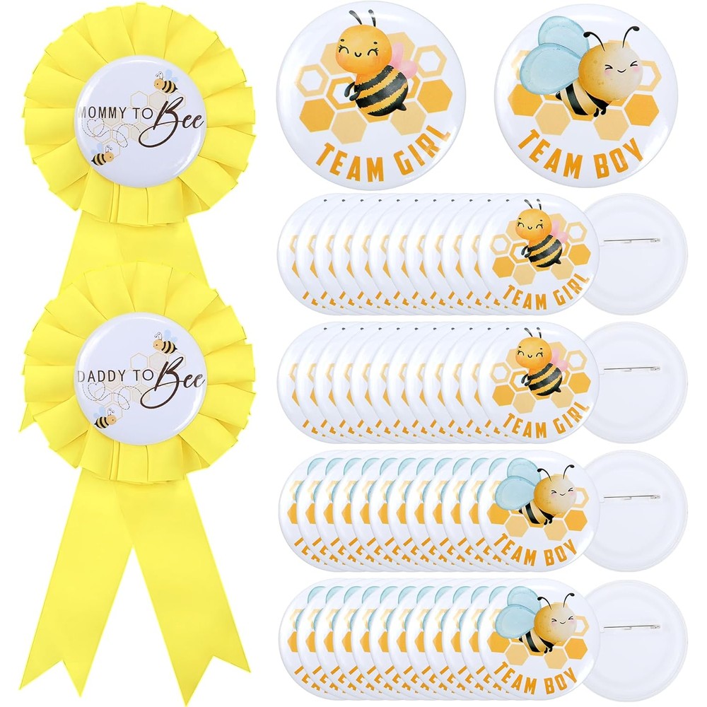 Ohmique What Will Baby Bee Gender Reveal Decorations front view showing parents badges and voting pins.
