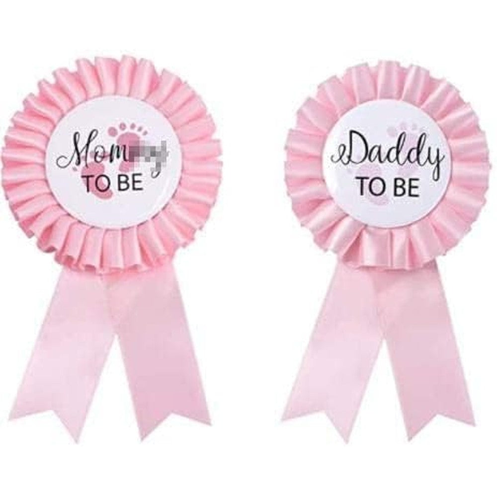 FAMOORE pink baby shower badge pin set front view showing mom and dad to be lettering