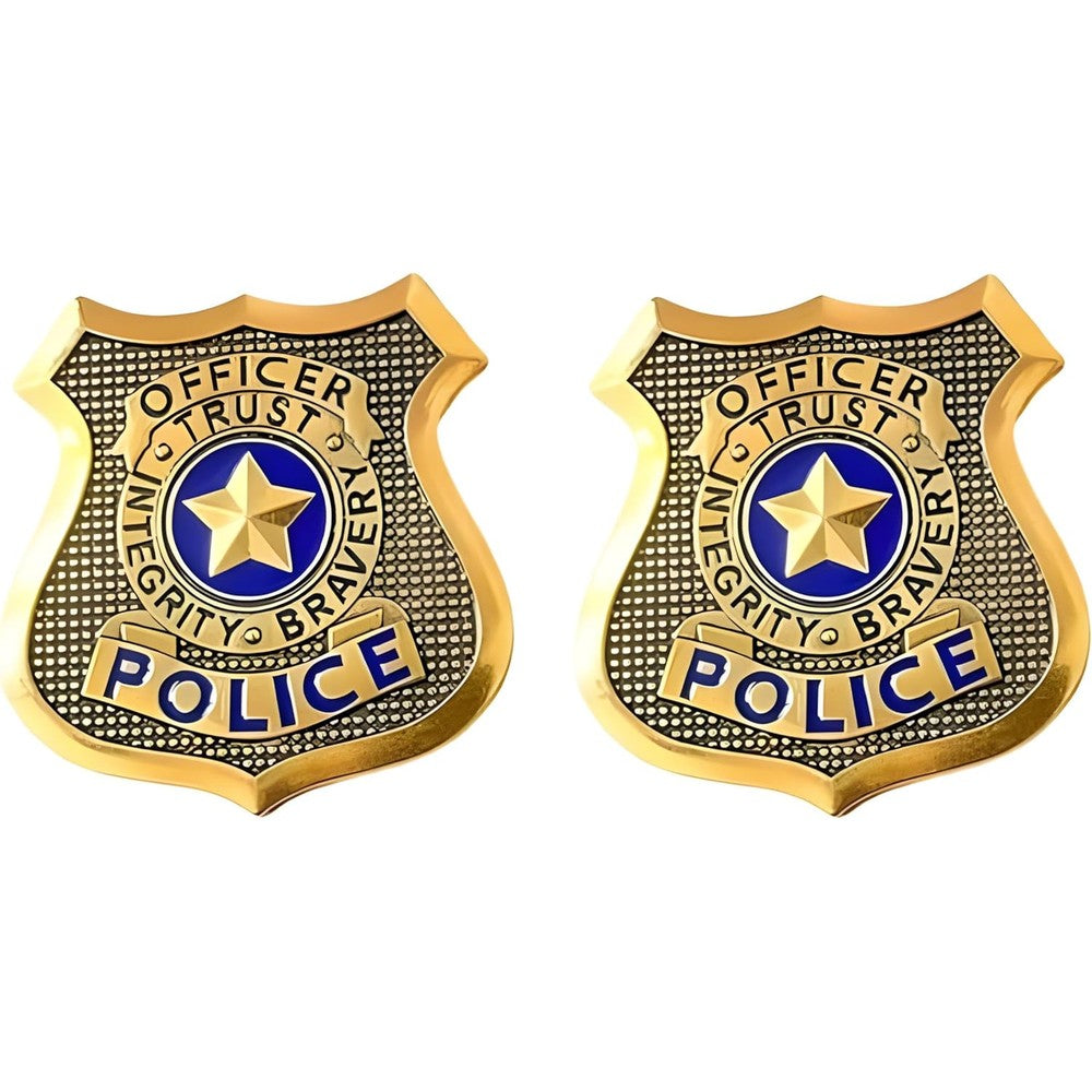 Finduat America police badge prop set showing the front view of two gold plated metal shield pins with a blue star design