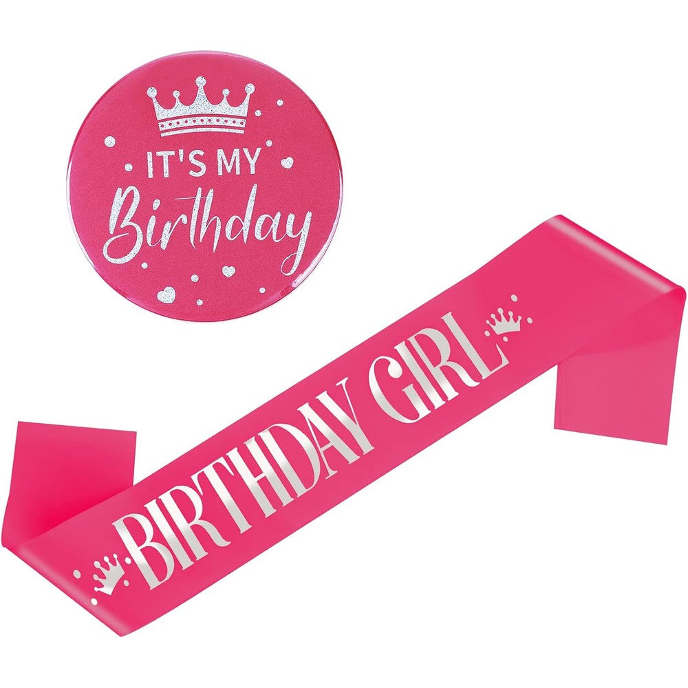 Grevosea Birthday Girl Decorations front view showcasing hot pink satin sash and silver lettering