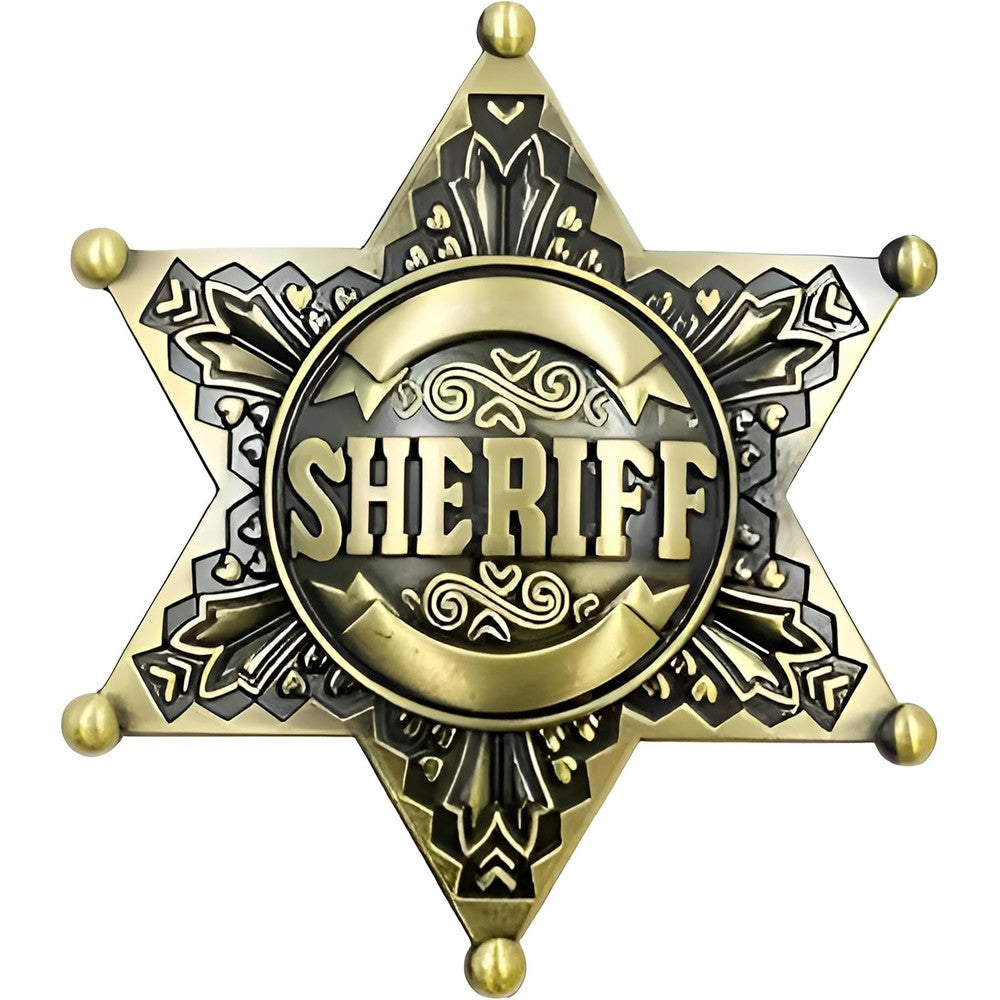 Finduat Western Sheriff Metal Star Badges front view showcasing retro engravings and metallic finish.