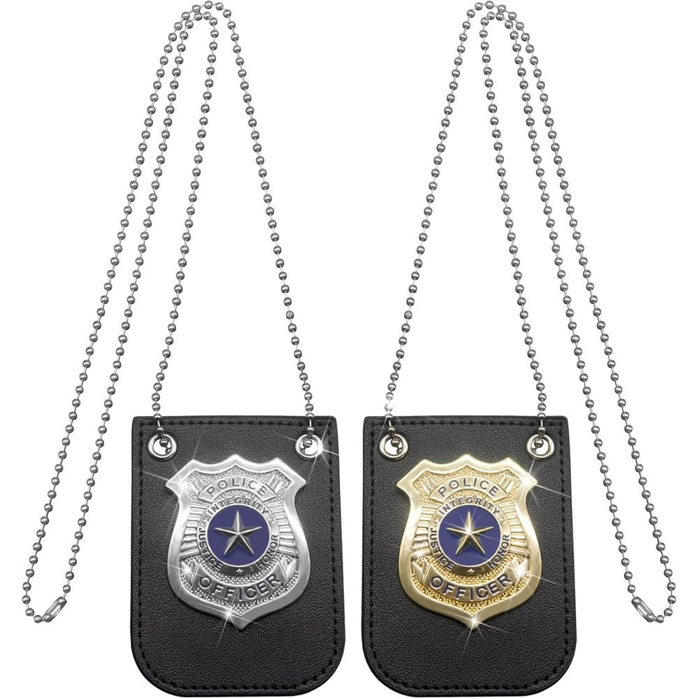 ForFine police badge pretend play toys set front view featuring gold and silver badges on leather backings.