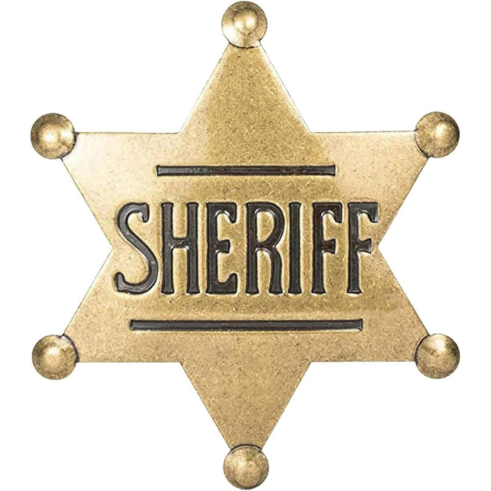 Finduat metal western sheriff badge front view showing antique gold six pointed star design
