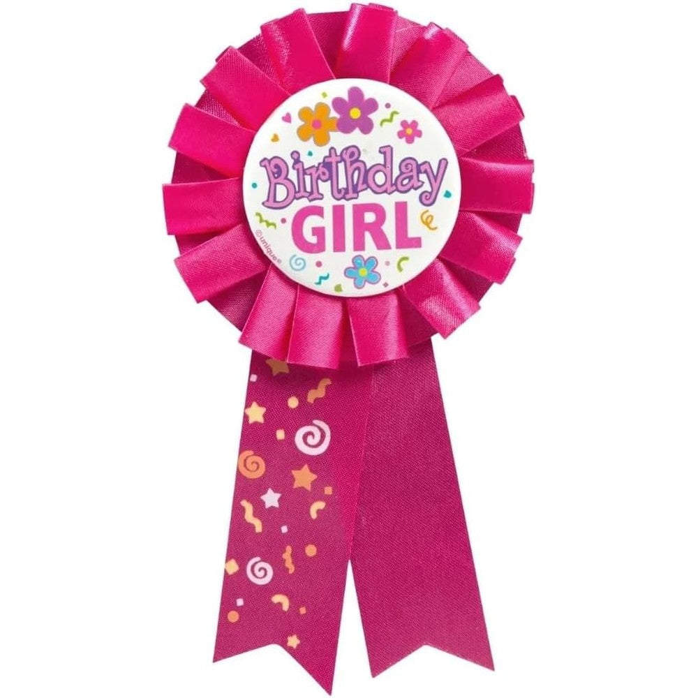 Unique Deluxe Birthday Girl Award Ribbon front view premium pink party accessory