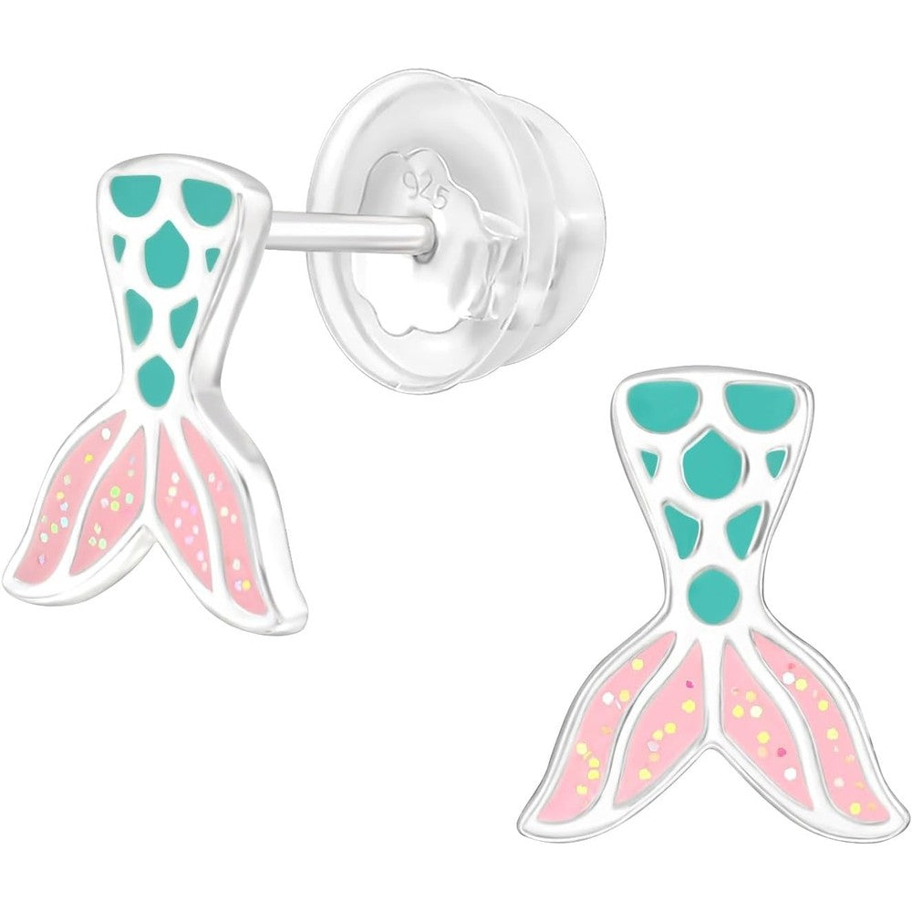 Aww So Cute sterling silver mermaid stud earrings front view for kids
