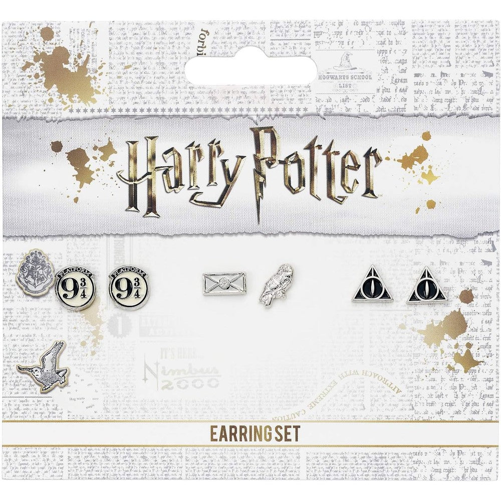 Harry Potter stud earring set front view including Platform 9 3/4 and Hedwig designs.