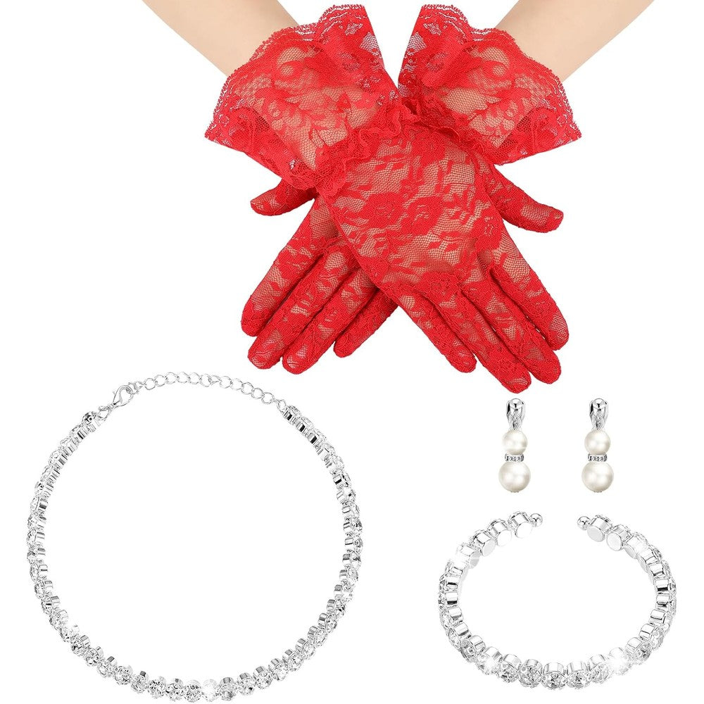 Newcotte 4 Piece Pearl Necklace Set front view displaying faux pearl jewelry and white lace gloves for girls