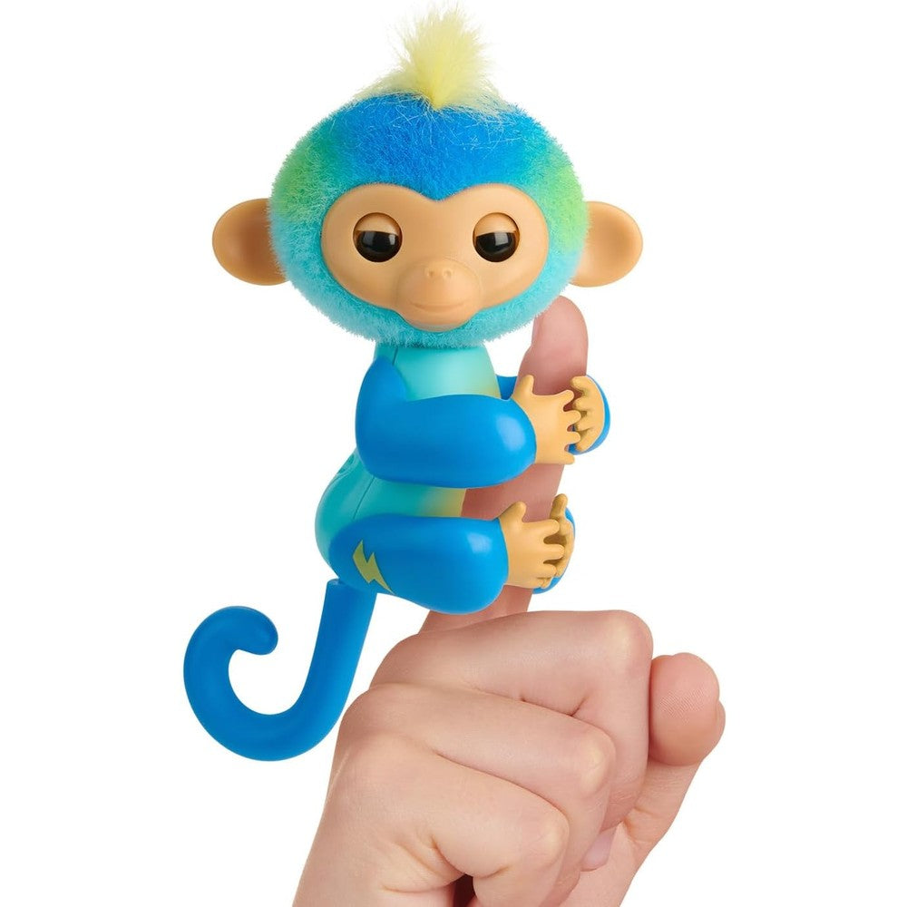 Fingerlings interactive baby monkey Leo blue front view showing soft head fur