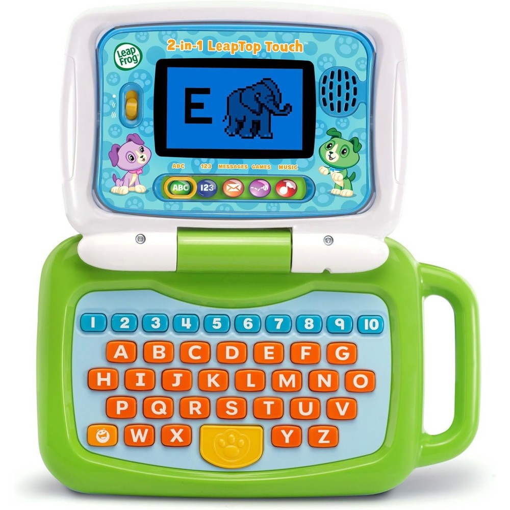LeapFrog 2-in-1 LeapTop Touch green educational laptop open in full keyboard mode