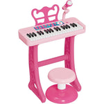 Baoli kids piano 37 keys toddler keyboard front view in pink with attached microphone and stool