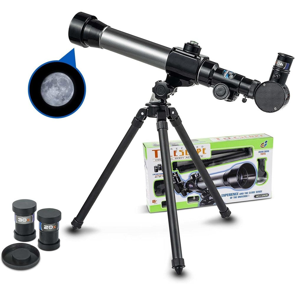 Little World kids astronomical telescope front view showcasing the lens and refractor body.