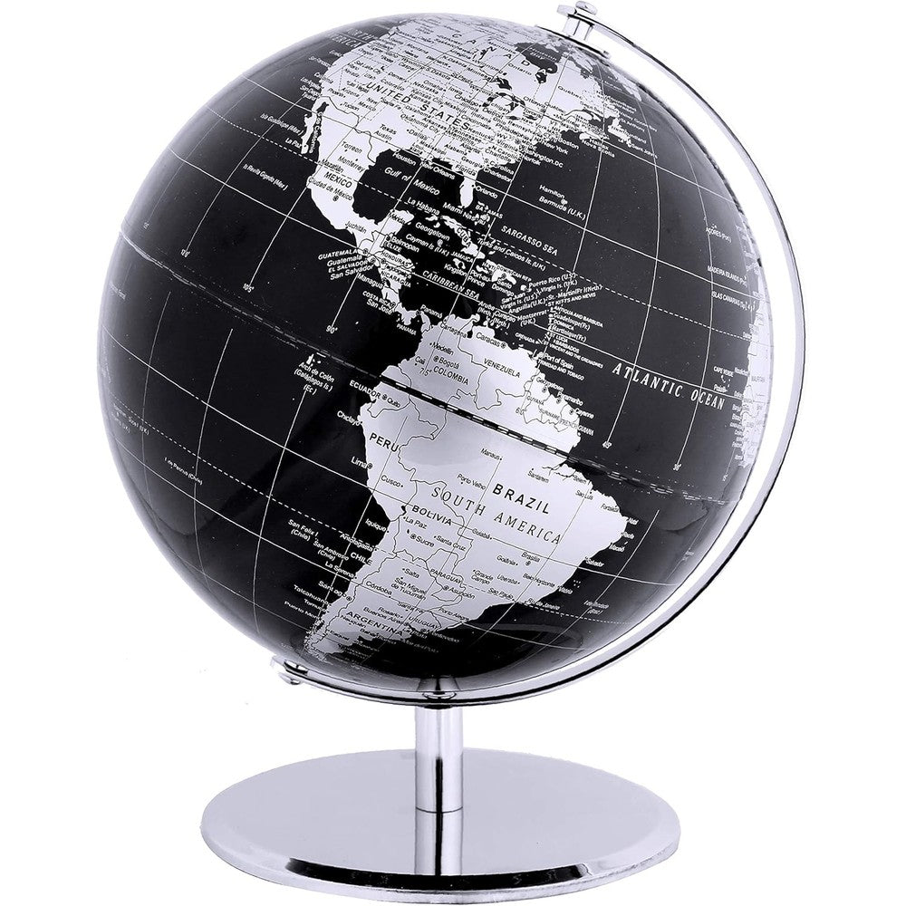 Annova metallic world globe black front view on desk