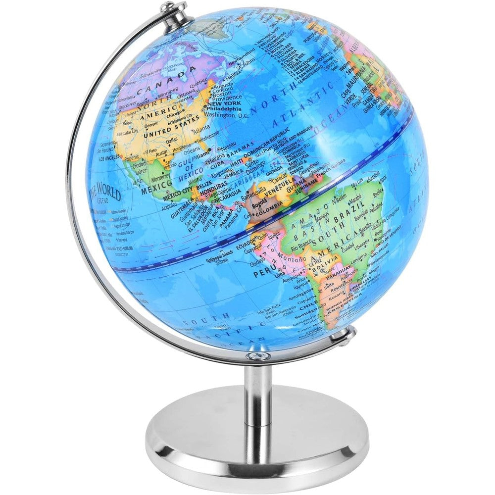 KISEER 6 inch rotating world globe front view showing blue political map on desktop