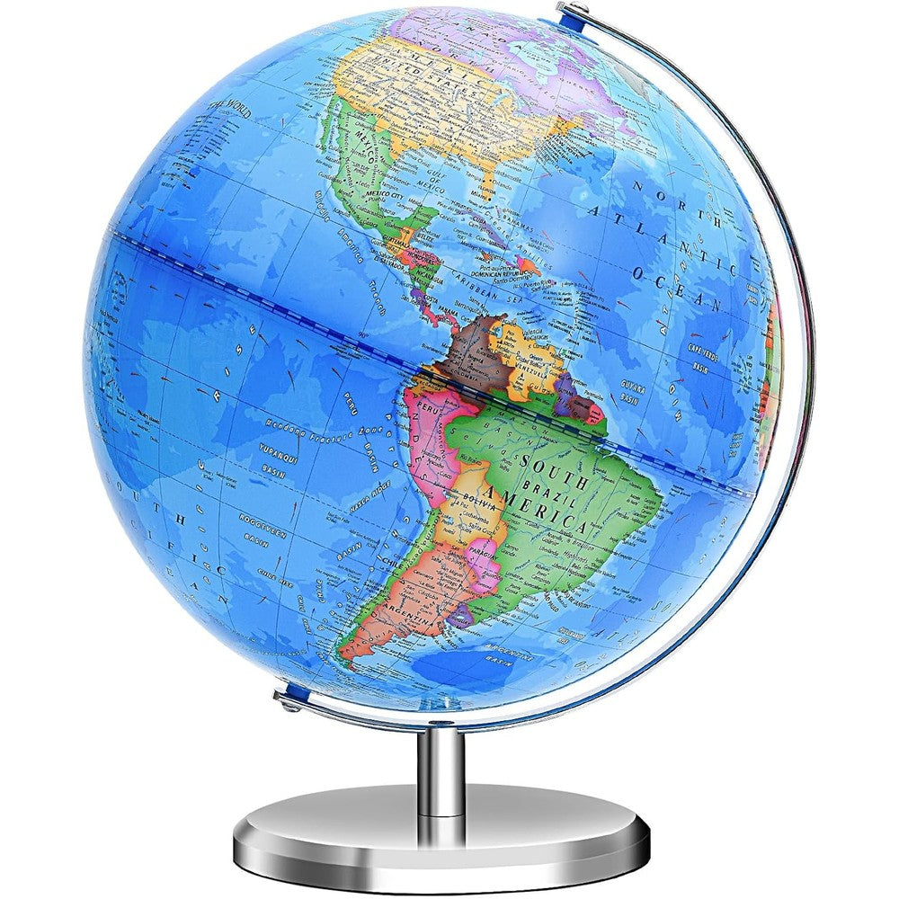 VAP Interactive Educational World Globe front view showcasing detailed blue ocean political map on a study desk.