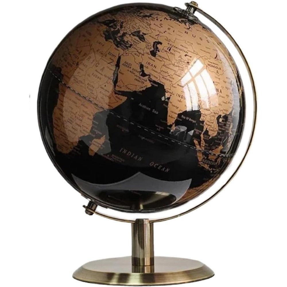 Generic premium rotating world globe front view on a modern wooden office desk.