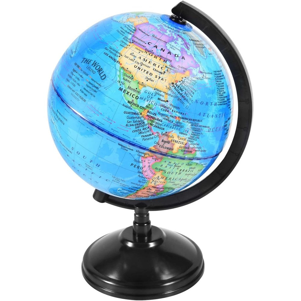 KISEER rotating world globe 6 inch front view on black plastic stand showing blue political map