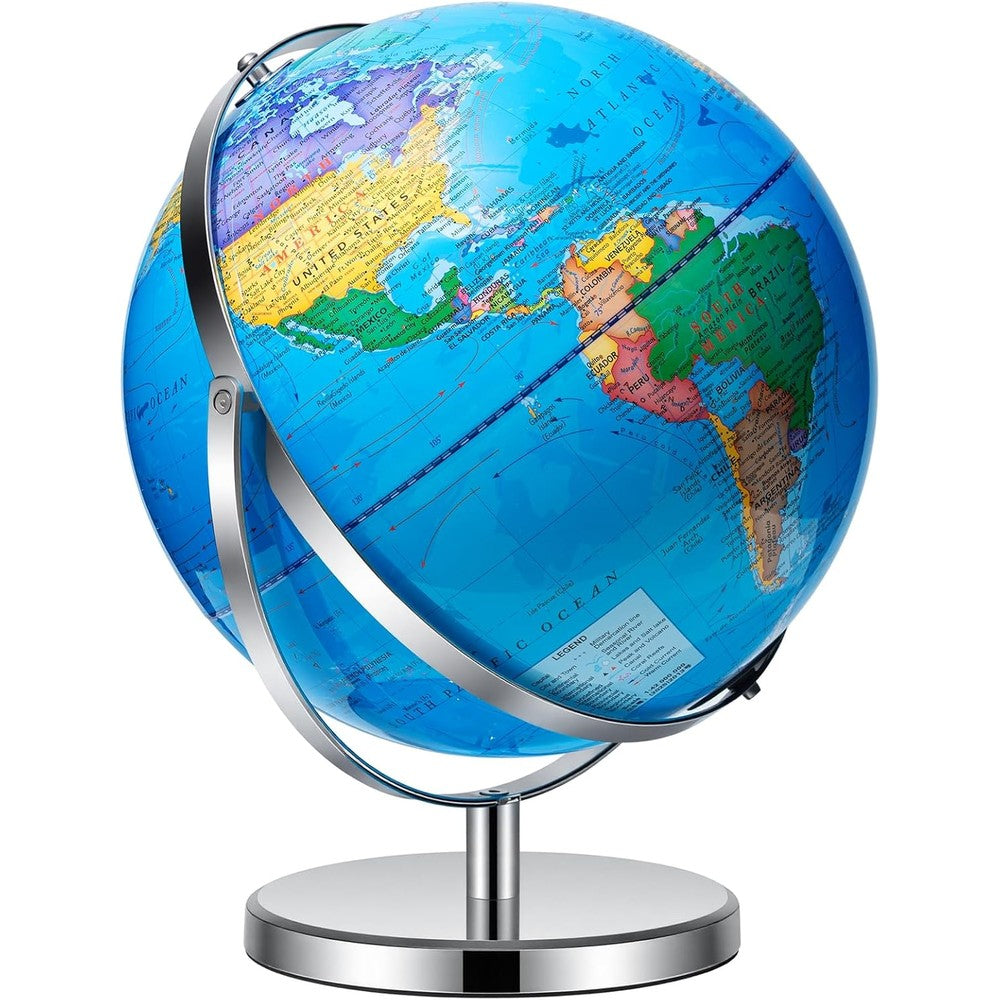 Bshapplus 13 inch world globe with stainless steel stand front view