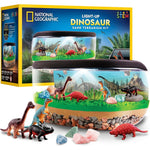 National Geographic Light Up Dinosaur Terrarium Kit front view showcasing the illuminated prehistoric habitat with sand and dinosaur figures.