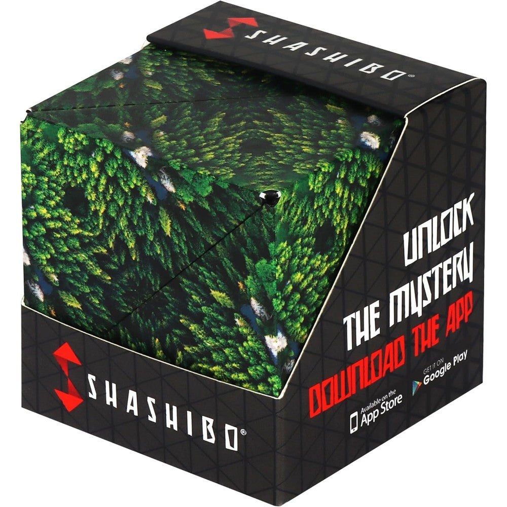 Shashibo shape shifting box magnetic fidget cube forest front view showing geometric patterns
